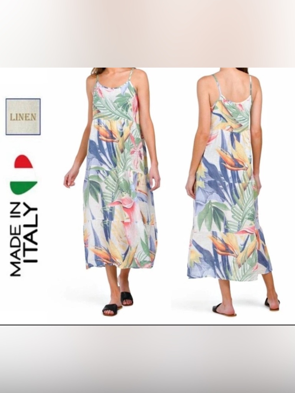 ELENA BALDI 🌼 NWT 100% Linen Tropical print Maxi Dress Size S Made in ITALY 🇮🇹